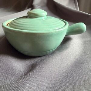 Vintage Aqua Mint Green Covered Pottery Dish with Handle
